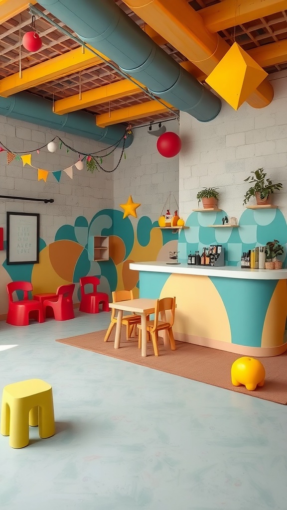 A colorful children's play area with a mini bar, featuring bright decor, playful furniture, and a cheerful atmosphere.