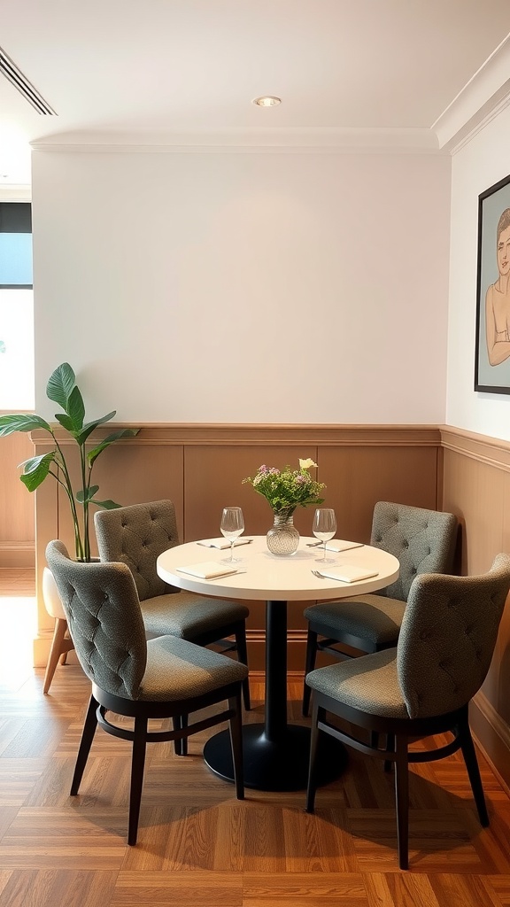 A small, cozy dining setup featuring a round table and four upholstered chairs, with a vase of flowers as a centerpiece.