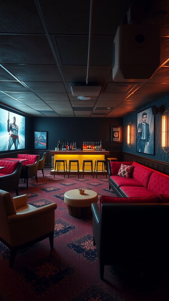 A cozy basement bar with a movie screen, stylish seating, and a glowing bar area.