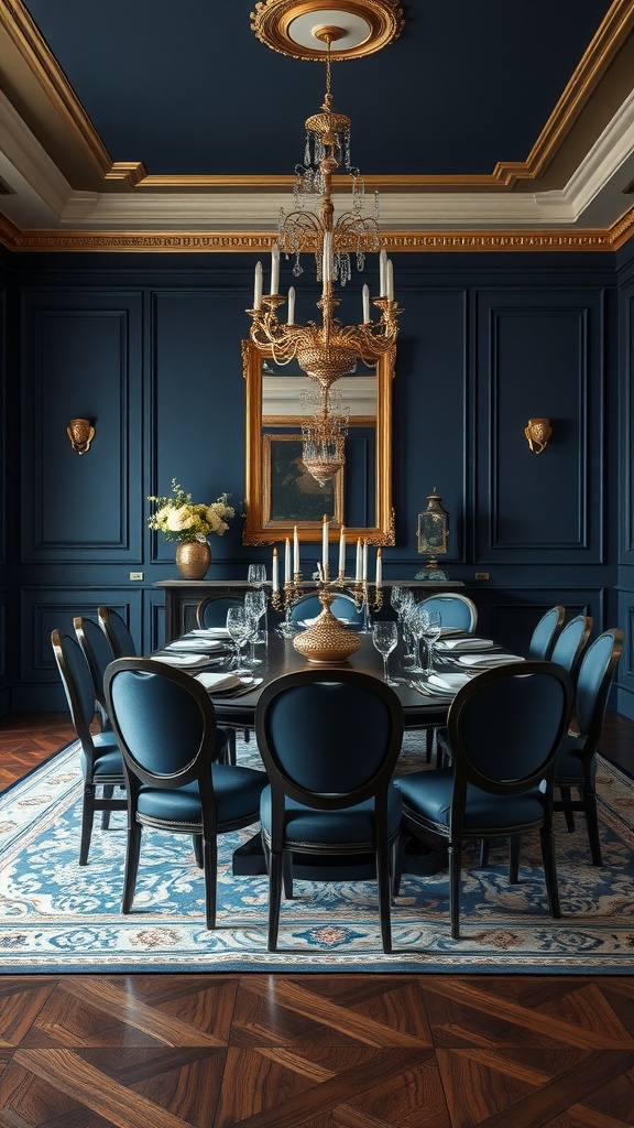 A formal dining room featuring deep navy walls, elegant gold accents, and plush blue upholstered chairs, creating a timeless and sophisticated atmosphere.