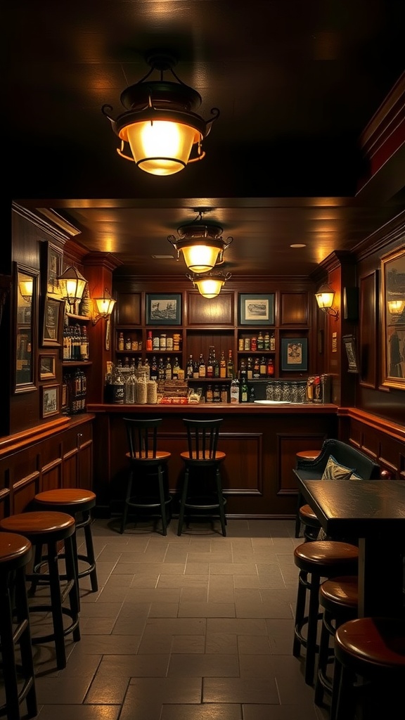 A cozy basement bar designed like a classic English pub featuring wooden interiors and warm lighting.