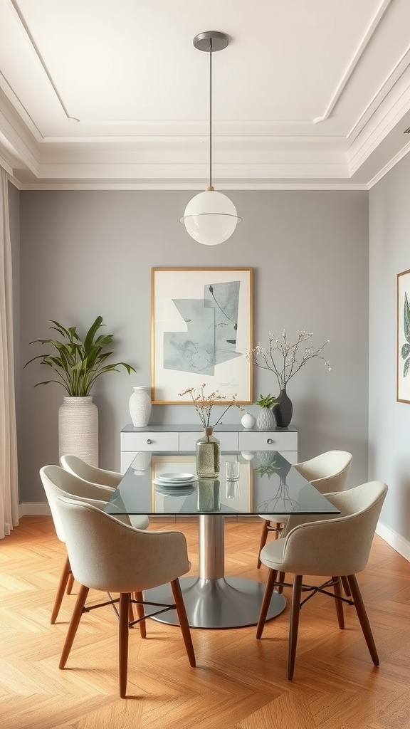 A modern dining room with soft gray walls, a glass table, and stylish chairs.