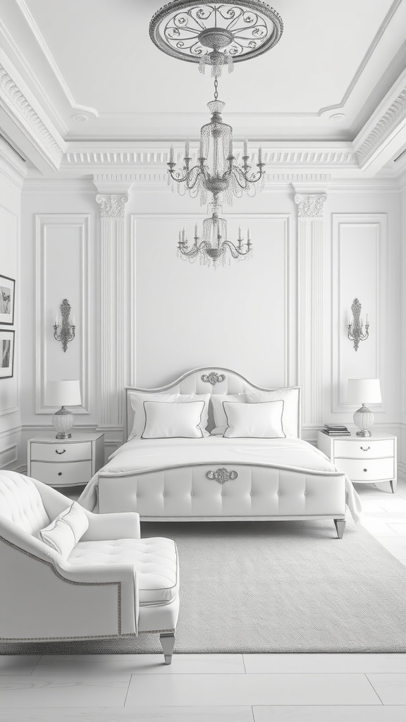 A classic white bedroom featuring an elegant bed, stylish nightstands, a chandelier, and a cozy armchair.