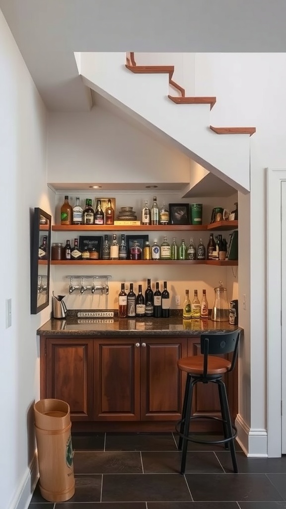 A stylish under-stair bar with shelves of liquor and a wooden cabinet.