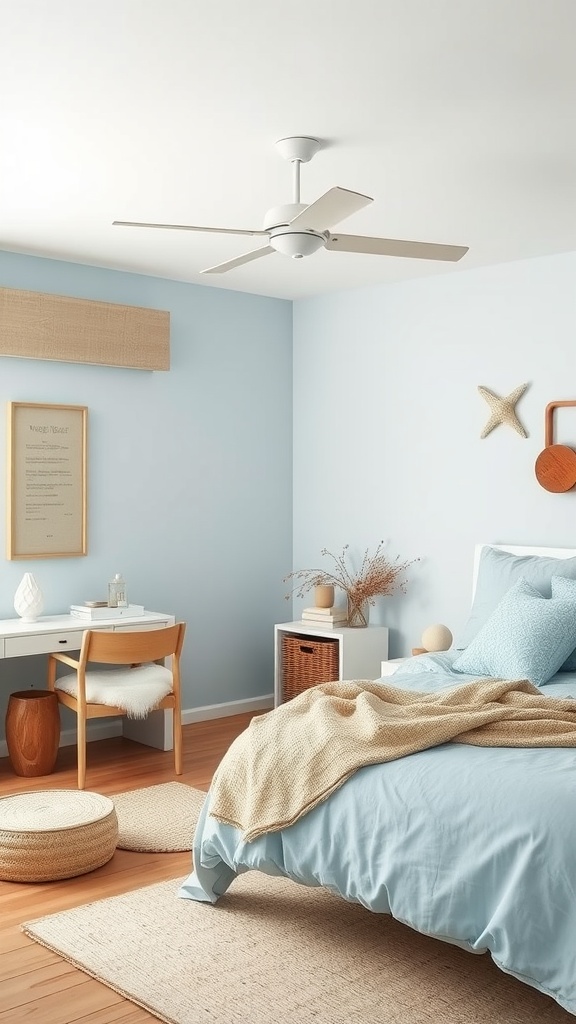 A cozy bedroom with light blue walls, a comfortable bed, wooden furniture, and coastal decor.