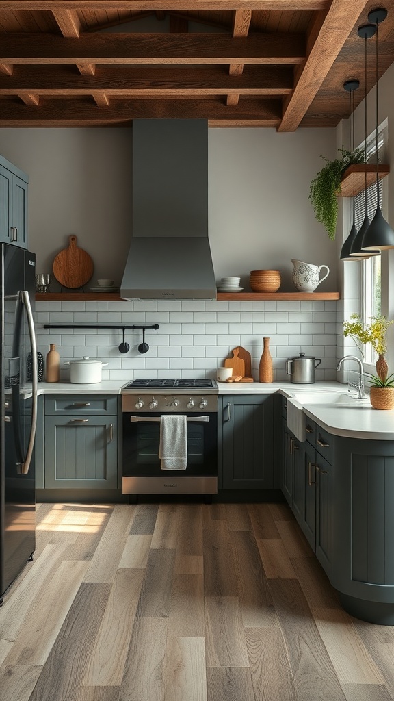 A cozy kitchen featuring deep blue cabinets, wooden flooring, and modern appliances.