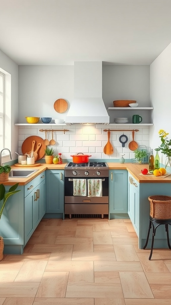 A cozy kitchen with blue cabinets, wooden countertops, and a red pot on the stove.