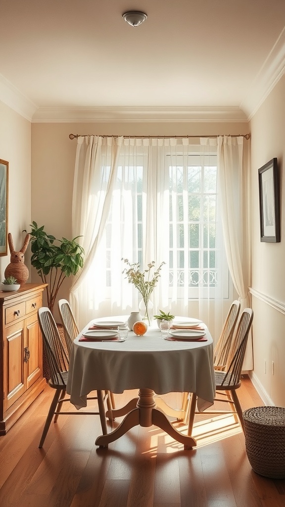 Bright small dining room with light colors, a round table, and a potted plant.