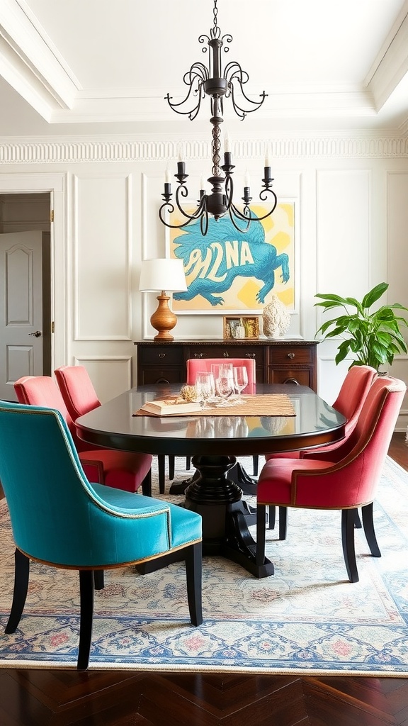 A stylish dining room featuring colorful accent chairs in turquoise and pink around an oval table, complemented by elegant decor.