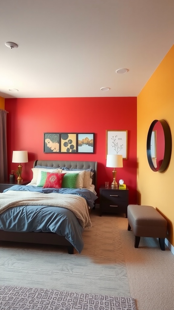 A cozy basement bedroom featuring a colorful accent wall with red and orange paint, stylish bedding, and decorative artwork.
