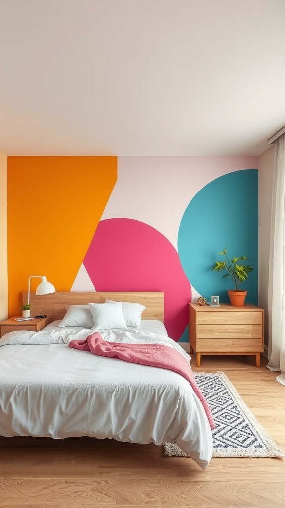 A bright and modern bedroom featuring a colorful accent wall with geometric shapes in orange, pink, and teal. The room includes a wooden bed, bedside tables, and a potted plant.