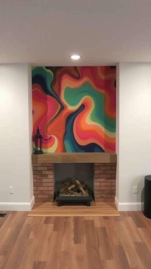 A colorful accent wall with swirling patterns behind a fireplace in a basement