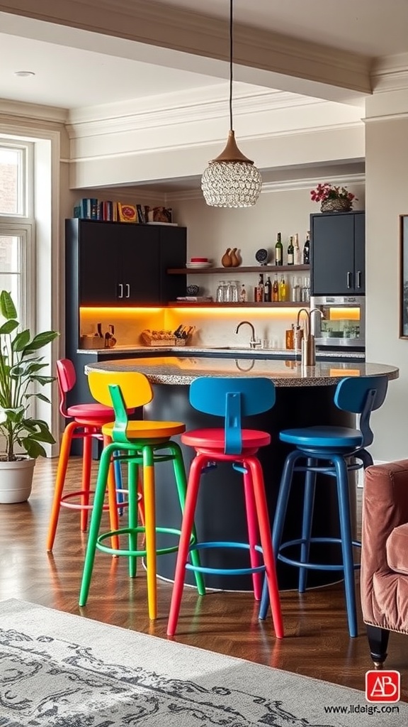 Colorful bar stools in a modern living room bar area