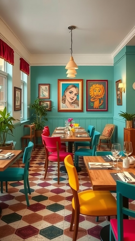 A colorful modern dining room with teal walls, colorful chairs, and artistic decor.