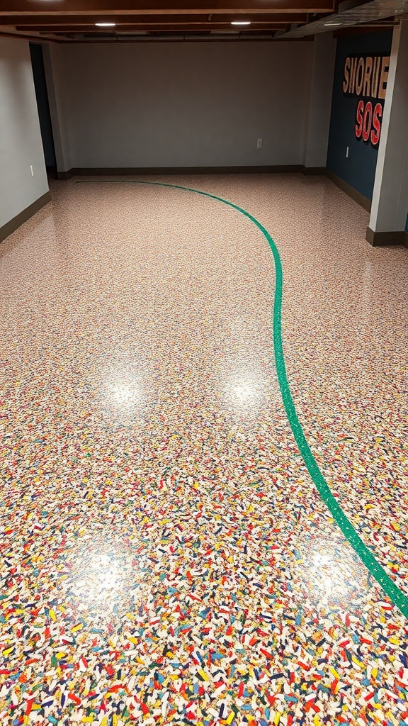 Colorful flake epoxy flooring in a basement