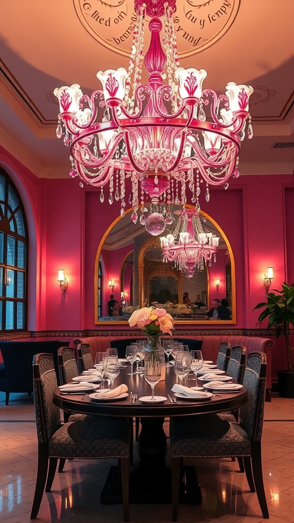 A vibrant pink Murano glass chandelier hanging over an elegant dining table set in a stylish dining room.