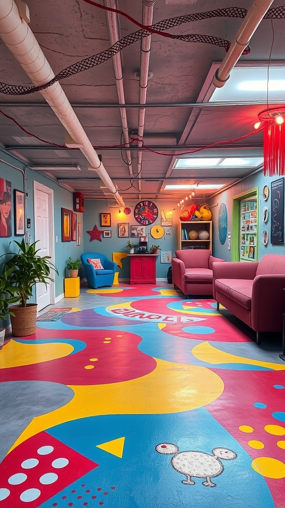 A colorful painted concrete basement floor featuring vibrant colors and playful designs