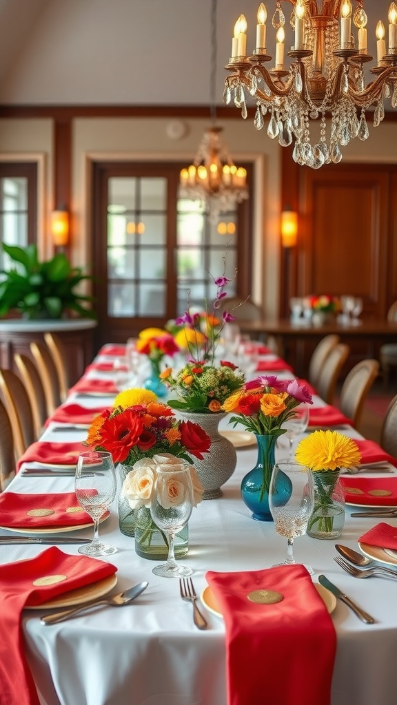 A beautifully set dining table featuring colorful floral arrangements, red napkins, and elegant tableware.