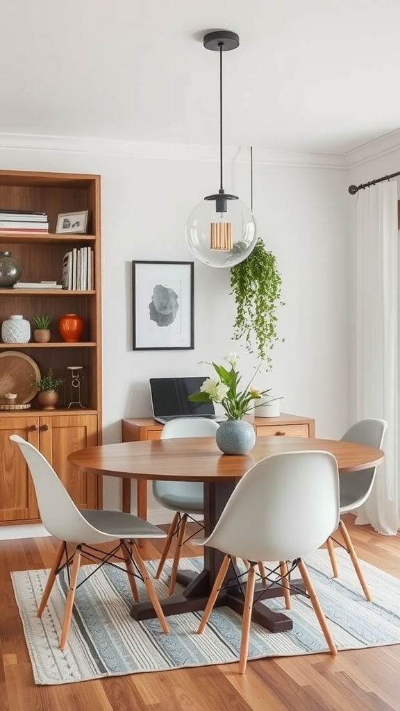 A cozy dining area featuring a round wooden table, modern chairs, and a small workspace in the background.