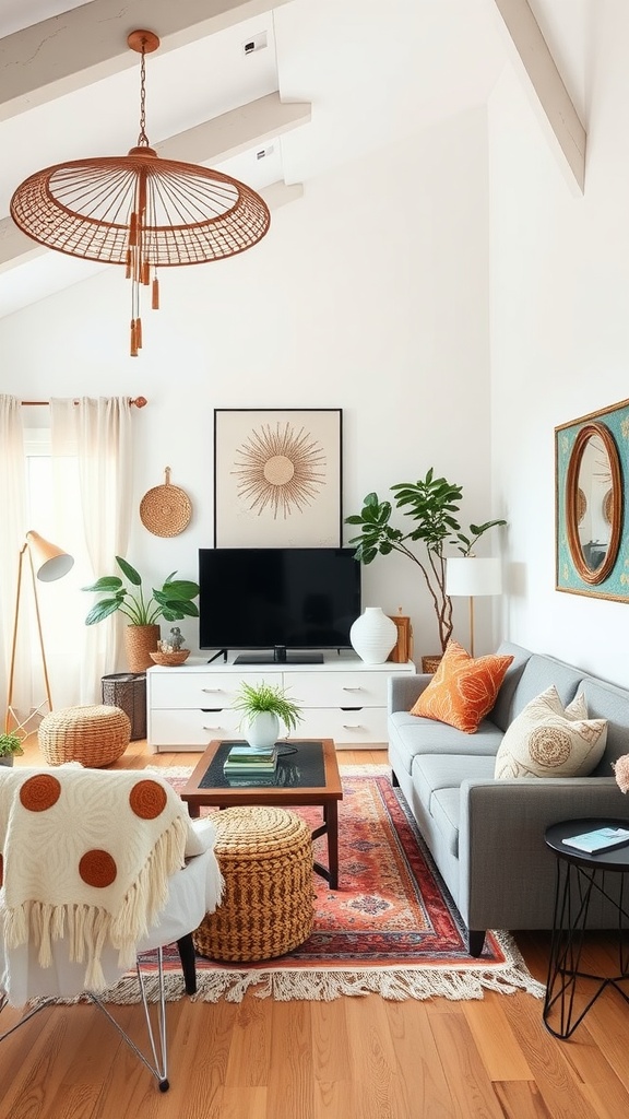 A cozy modern boho living room featuring a gray sofa, patterned pillows, a knitted blanket, and a colorful area rug.