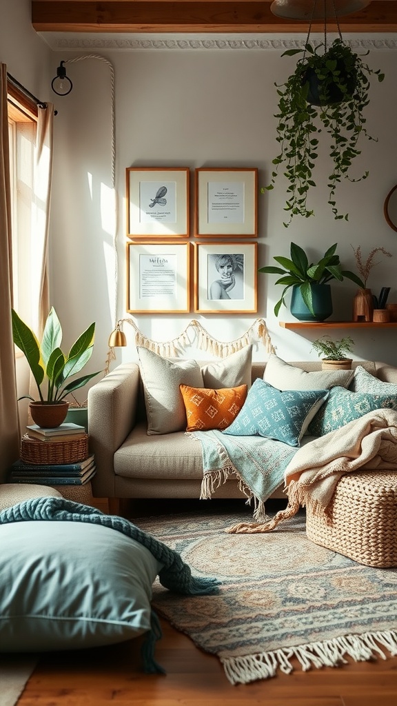 A cozy living room featuring a beige sofa with colorful cushions, a woven basket, plants, and warm lighting.