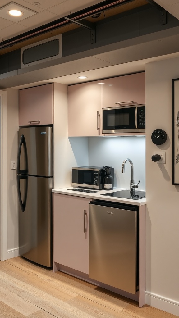 A compact kitchenette in a basement, featuring a sink, microwave, and mini-fridge.