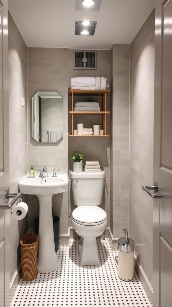 A compact basement bathroom featuring a pedestal sink, toilet, and wooden shelf with towels and plants.