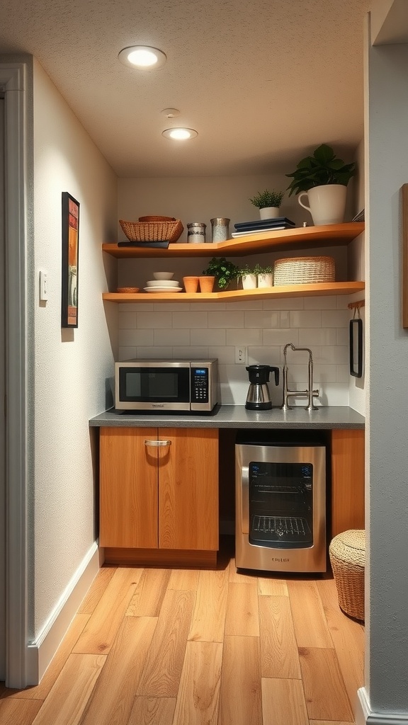 Compact basement kitchenette with microwave, coffee maker, and small oven on wooden cabinets.
