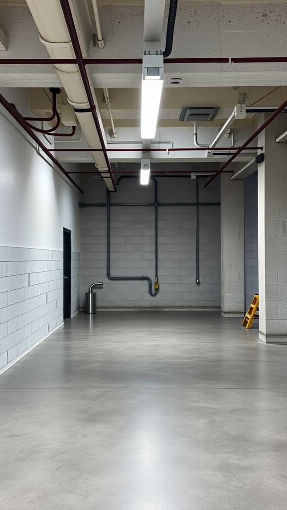 An industrial basement with smooth concrete flooring and exposed pipes.