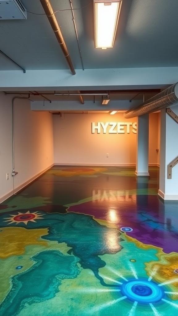 Vibrant stained concrete flooring in a basement with colorful swirls and a glossy finish.