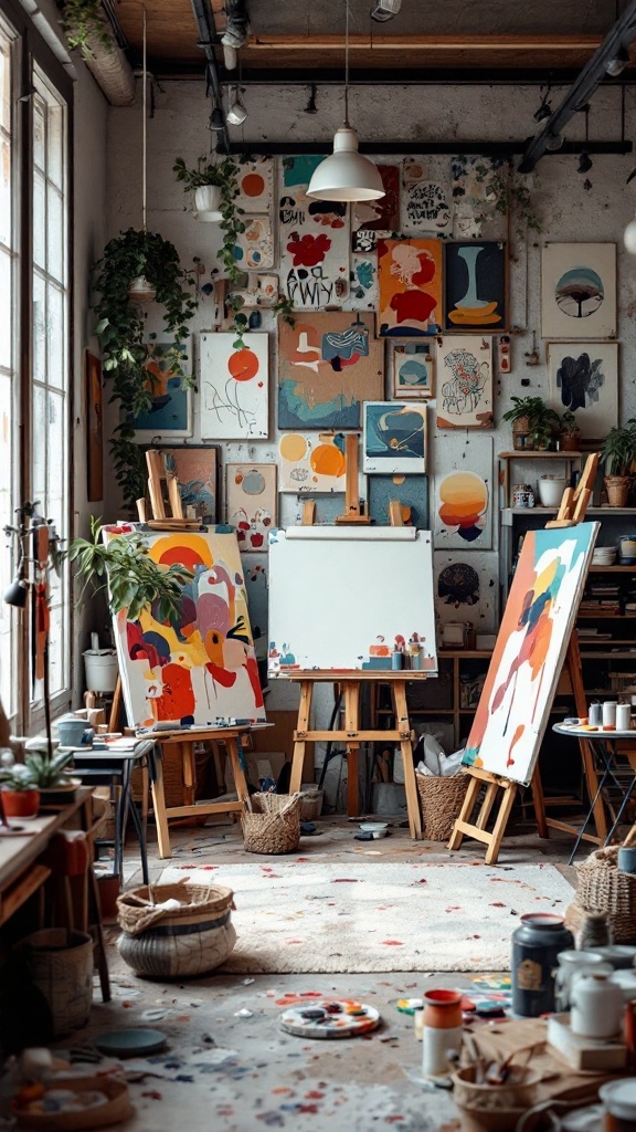 A bright and colorful contemporary art studio with vibrant artwork on the walls, easels holding canvases, and a cozy atmosphere
