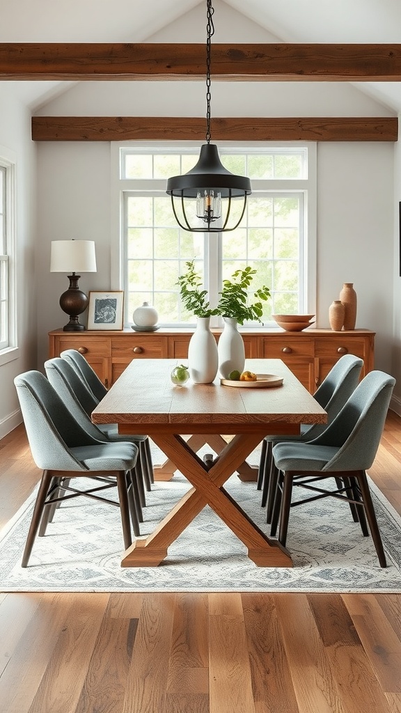 A contemporary farmhouse style dining room featuring a large wooden table, gray upholstered chairs, and natural decorations.