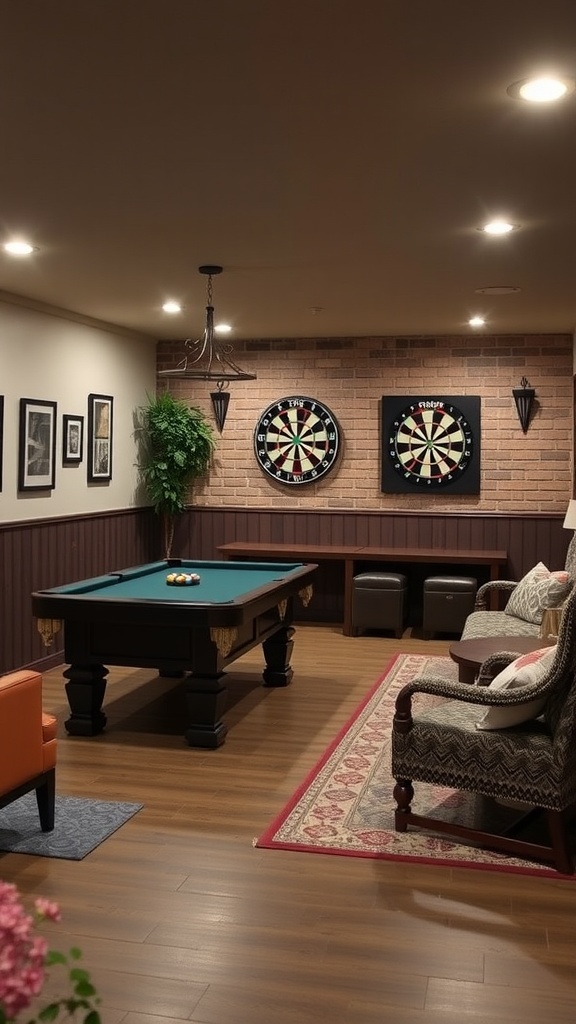 A contemporary game room featuring a pool table, dartboards on the wall, and cozy seating arrangements.