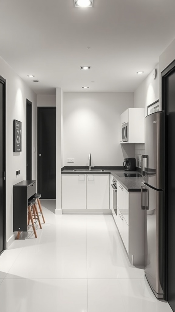 A contemporary minimalistic basement kitchenette with white cabinetry, black countertops, and sleek design.