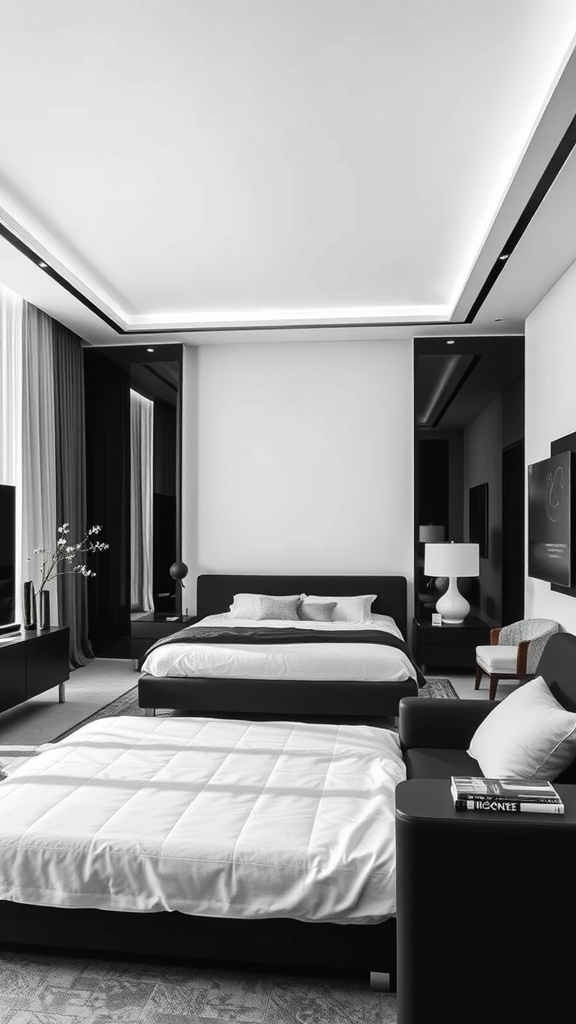 A modern monochrome bedroom featuring two beds, dark furniture, soft bedding, and large windows.