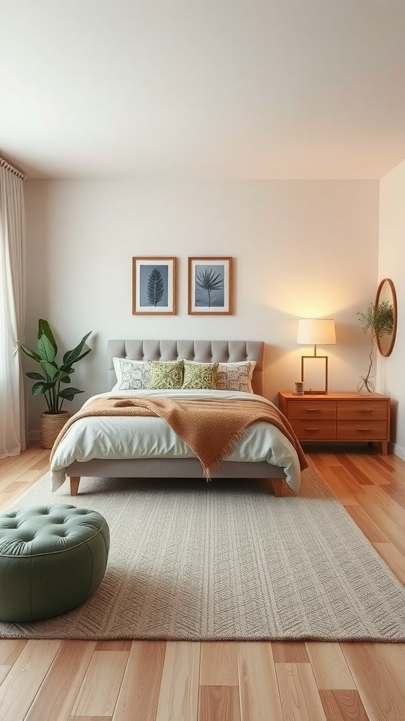 A calming bedroom with coordinated themed decor featuring botanical prints, neutral tones, and wooden furniture.