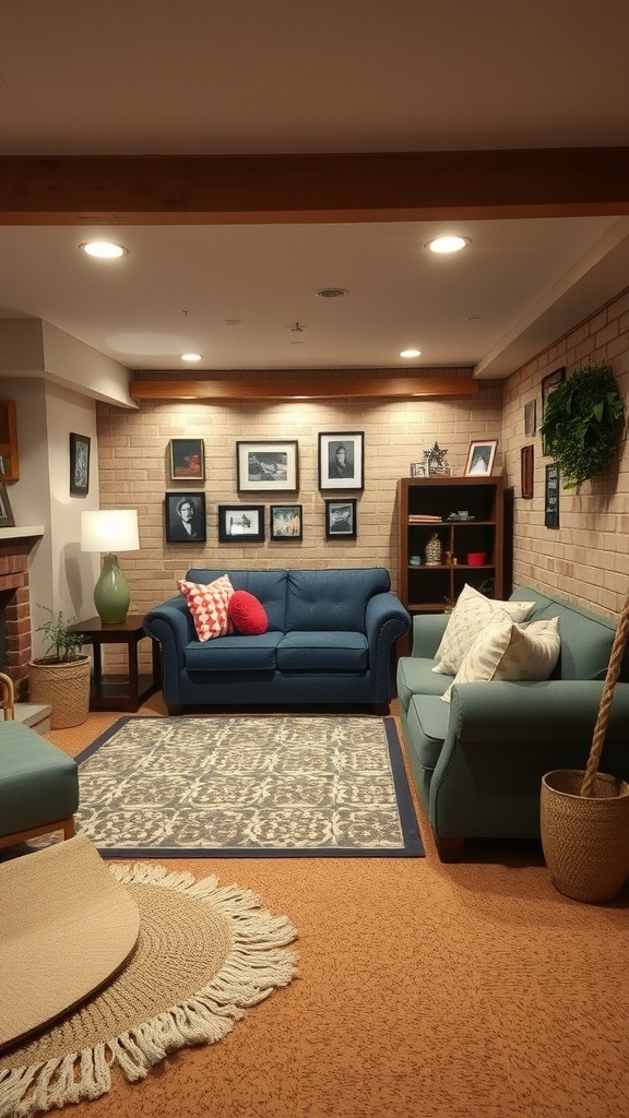 A cozy basement with cork flooring, featuring comfortable seating and warm lighting.