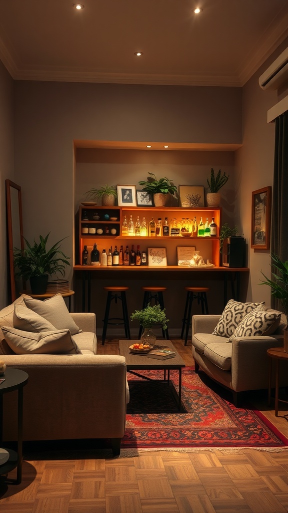 Cozy living room corner bar with seating and warm lighting