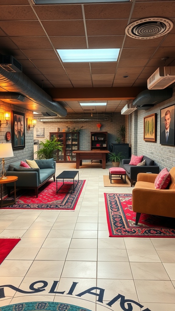 Cozy basement area with carpet tiles, comfortable seating, and vibrant decor.