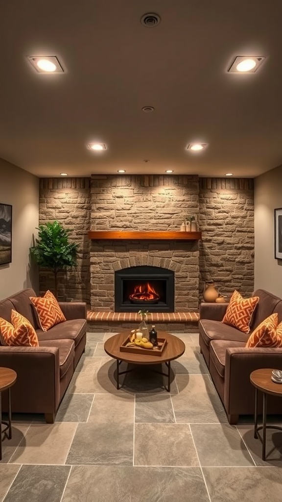 A cozy fireplace lounge area with orange sofas, a brick wall, and warm lighting.