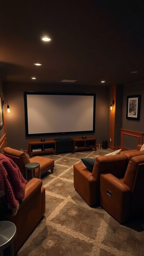 Cozy home theater setup with plush leather recliners and a large projection screen in a dimly lit basement