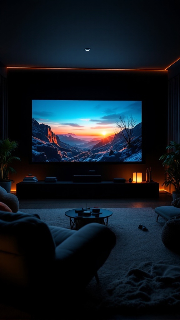 Cozy home theater setup with a large screen displaying a sunset over mountains, plush seating, and ambient lighting