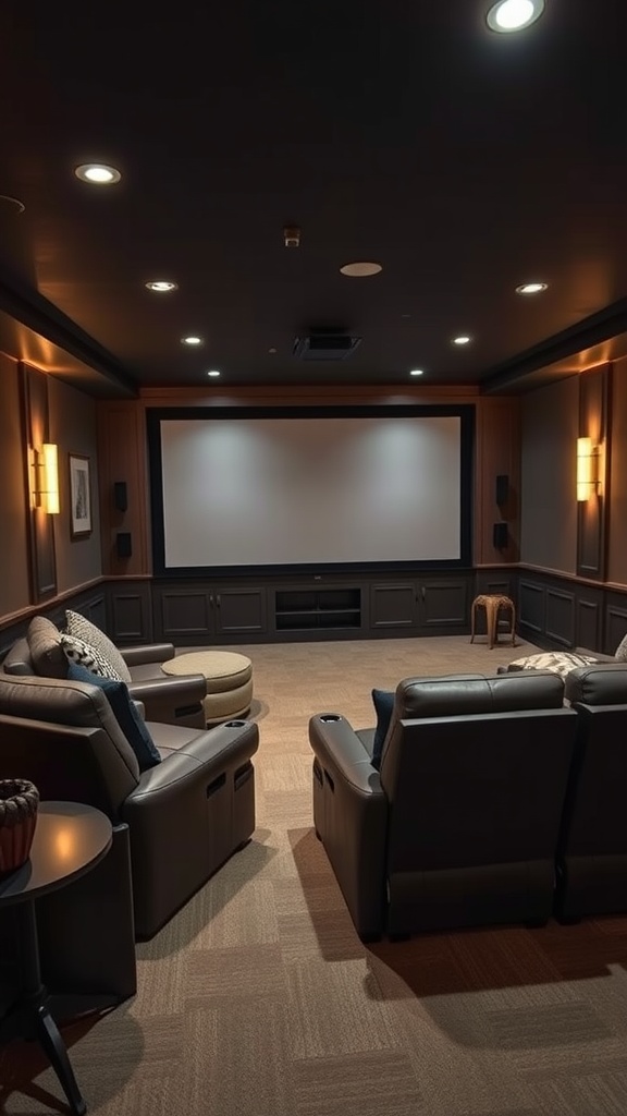 A cozy home theater setup with comfortable recliner chairs and a large screen