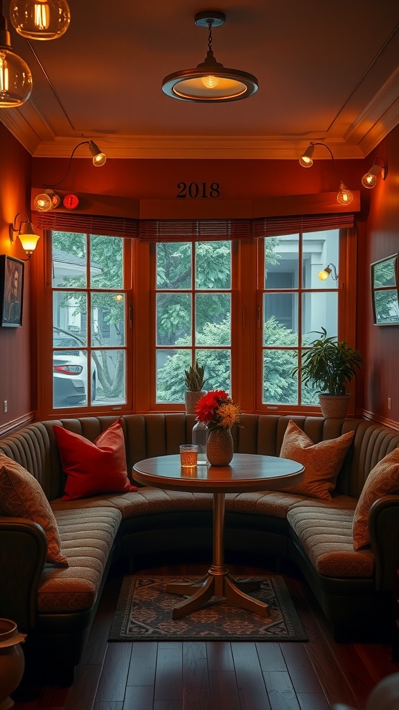 A cozy dining nook with a circular table, comfortable seating, and warm lighting.