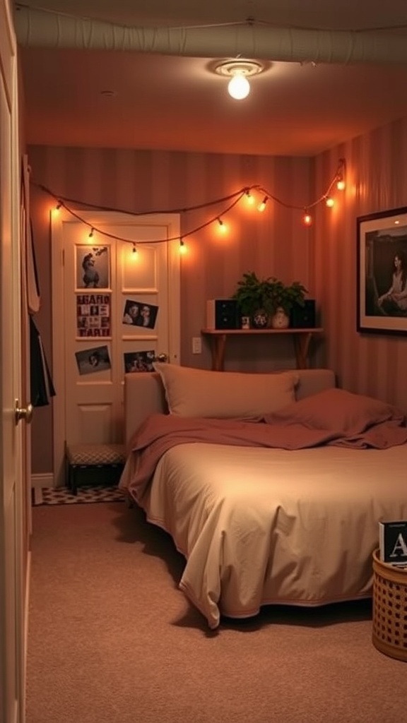 A cozy basement bedroom with soft lighting, featuring string lights, a neatly made bed, and personal decor.