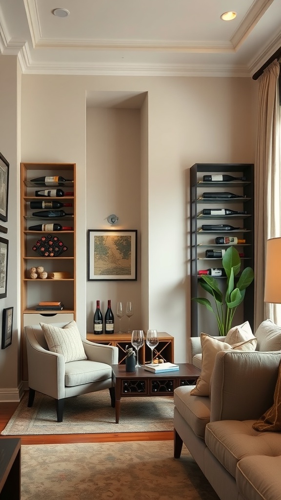 Cozy living room nook with wine storage and comfortable seating.