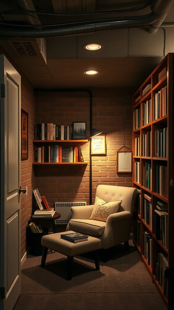 A cozy reading nook in a basement featuring a chair, ottoman, and bookshelves.