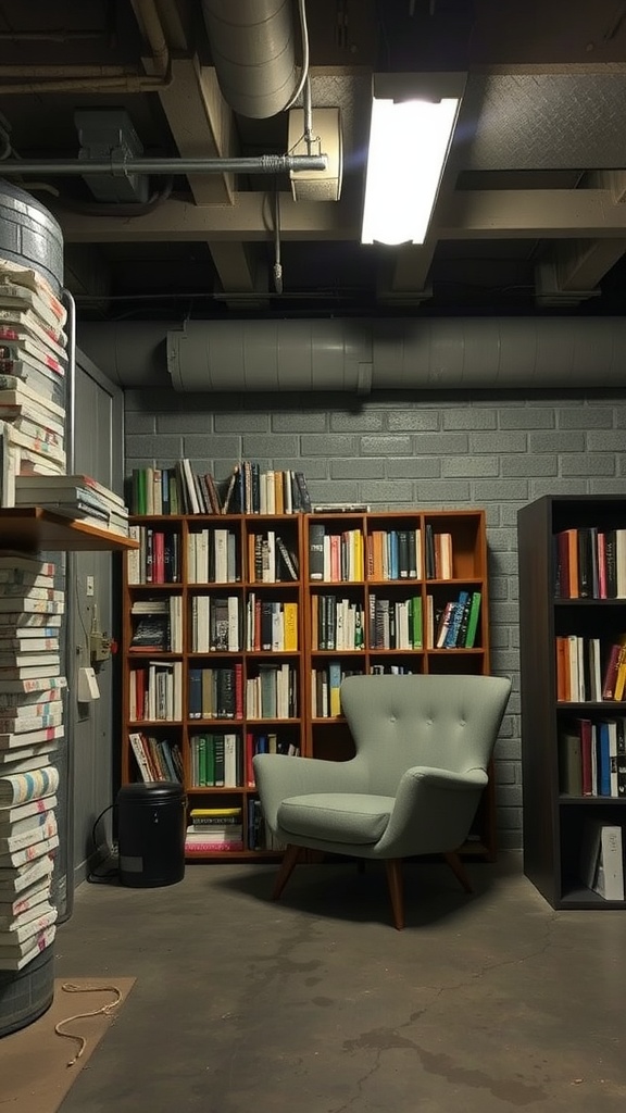 Cozy reading nook in an industrial basement featuring a green chair and shelves filled with books.