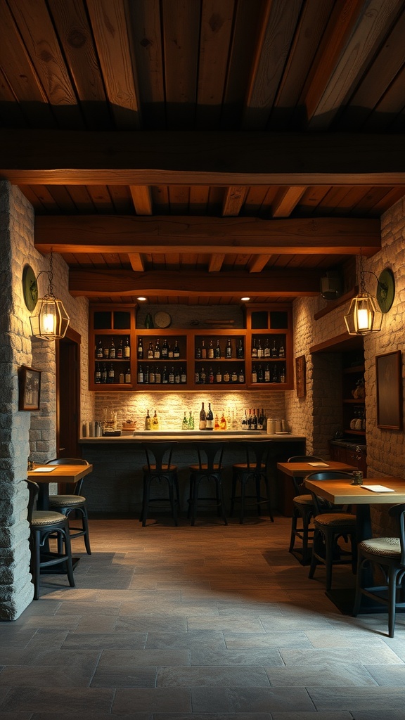 Cozy rustic basement bar with wooden beams, stone accents, and warm lighting