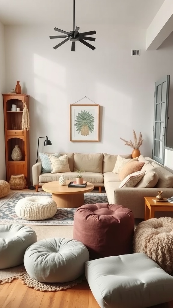 A cozy modern boho living room with a neutral sofa, colorful poufs, and a wooden coffee table.